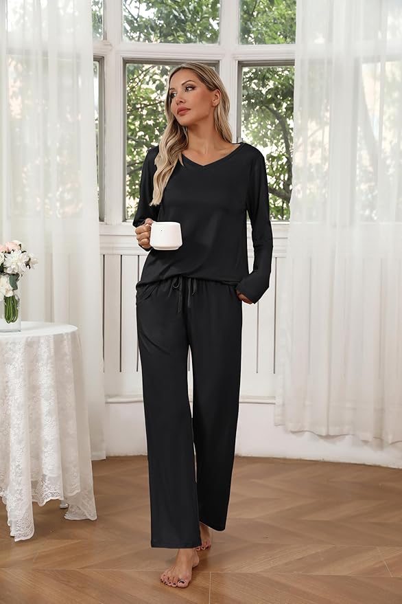 Ekouaer Womens 2 Pack Pajama Set Long Sleeve Pajamas Top and Pants V Neck Pjs Set Soft Loungewear with Pockets