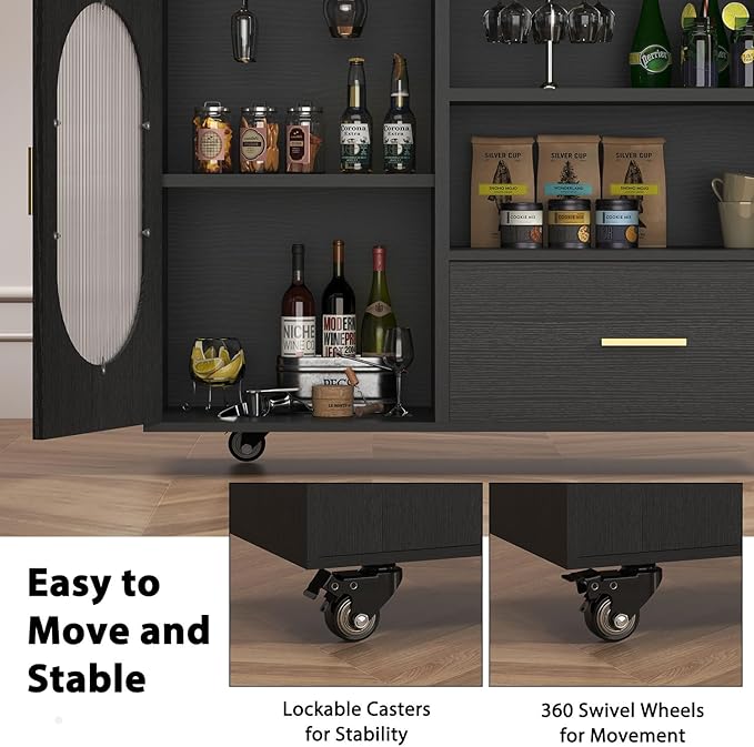 HSH 72" Rustic Kitchen Island with Storage, Mobile Farmhouse Kitchen Island Cart with Cabinet, Drawer & Shelves, Island Table on Wheels for Meal Prep, Dining Room & Home Bar, Rustic Brown & Black Oak