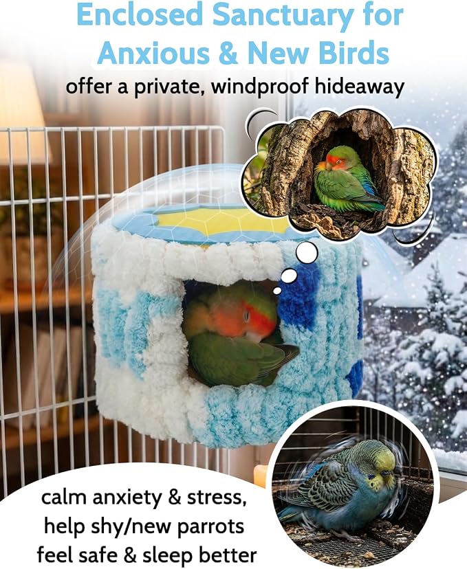 Bird Nest for Cage with Support Frame & Pad, Foot-Friendly Felt | Safe Hideout, Warm Bird Bed for Parakeets Lovebird Budgies, Winter Plush Coral Fleece Hammock Hut, Soft Washable Cozy House