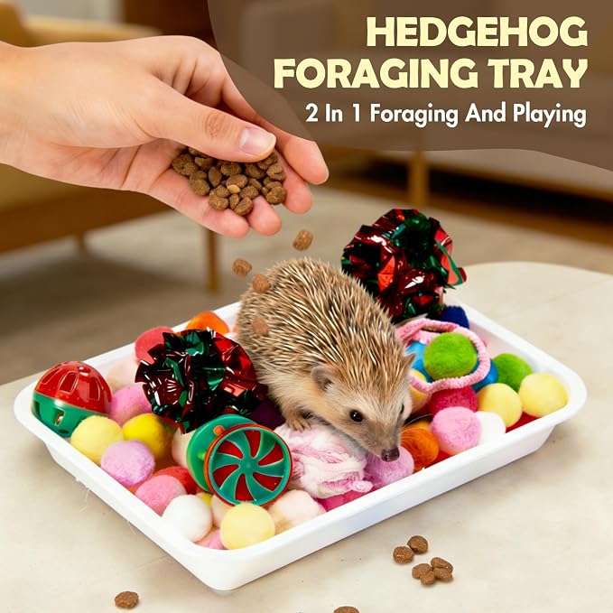 Dig-Box Tray for Hedgehog, Multi-Type Hedgehog Enrichment Set with Furry Ball and Jingle Bell, Hedgehogs Accessories, Ball Toys for Hamster, Kitten Cat, Ferrets and Small Animal