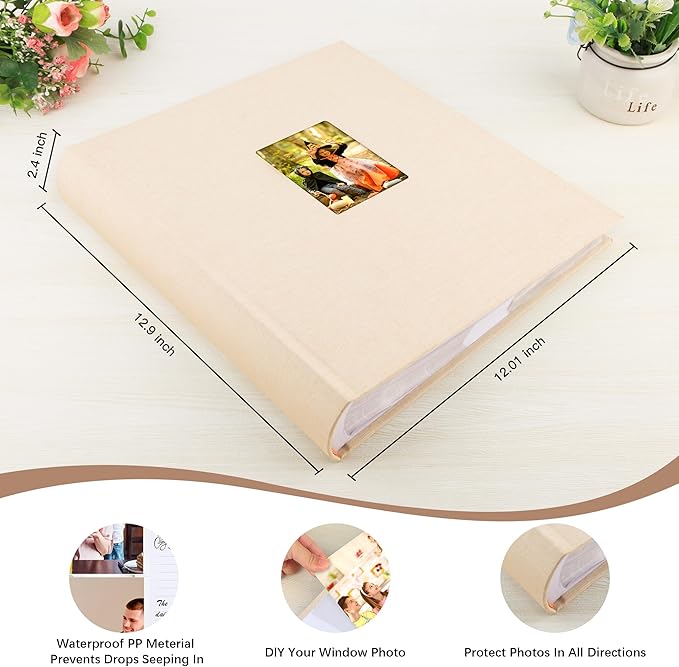 Photo Album 4x6 600 Photos with Writing Space Linen Cover with Front Window Picture Album, 600 Photos 4x6 Photo Album Book for Wedding Kids Travel Family Baby Pictures (Beige)