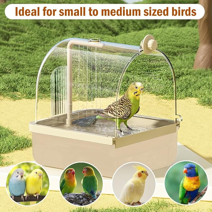 Automatic Bird Bath for Cage, Parakeet Bath with Pump | Indoor Bird Shower with Running Water, Filter, Bird Cage Accessory for Pet Birds Conure Budgies Cockatiels Lovebird