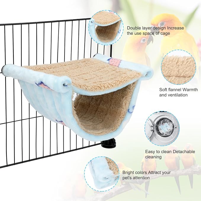 BWOGUE Bird Nest Bed Hanging Hammock, Parakeet Bed for Cage, Cockatiel Bed | Warm Fleece Snuggle Hut, Double-Layer Comfort, Wooden Perch Setup, Washable Hammock