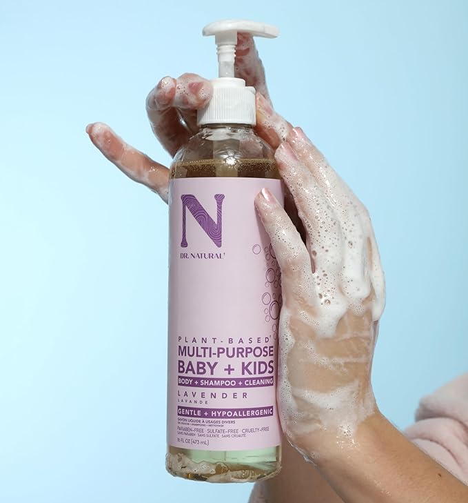 Dr. Natural Multi-Purpose Baby Plus Kids Soap - Body Wash and Shampoo - Gentle Soap with Shea Butter - Newborn Safe - Lavender - 16 oz