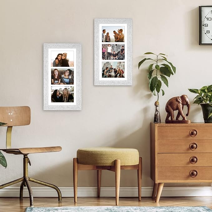 8x16 Picture Frame Display 3 opening Picture Frame 5x7 Collage,Multi Photo Frame with Mat,Plexiglass,Horizontal and Vertical Formats for Wall Decor,Distressed White Wood Grain