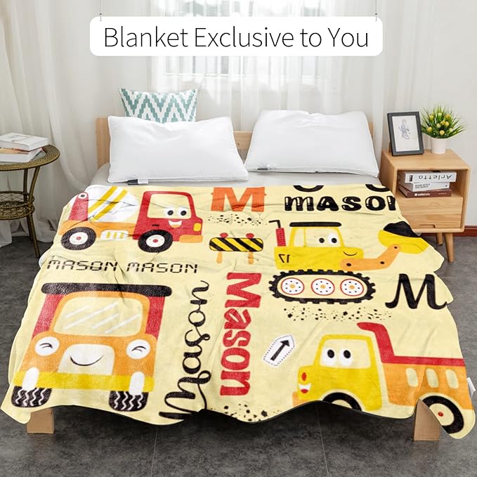 Personalized Construction Blanket with Name for Baby Boys Girls, Custom Truck Blanket Construction Vehicles, Soft Flannel Toddler Blankets Customized Gift for Newborn Baby Shower Birthday-60x80inch