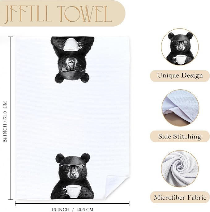 Funny Bear Kitchen Towels Set of 2, Funny Kitchen Decor, Coffee Station Wine Bar Decor, Black and White Bear Owner Gift Hand Towel, Dining Room Decorative Tea Towel Dish Towels 16x24 Inch