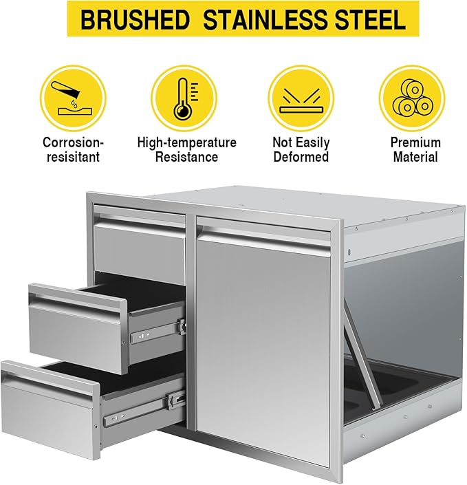 Outdoor Kitchen Drawers Stainless Steel 28W X 20.1H X 19.8D Inch, Flush Mount Triple BBQ Island Drawers with Hidden Handle for Outdoor Kitchens, Patio or Grill Station
