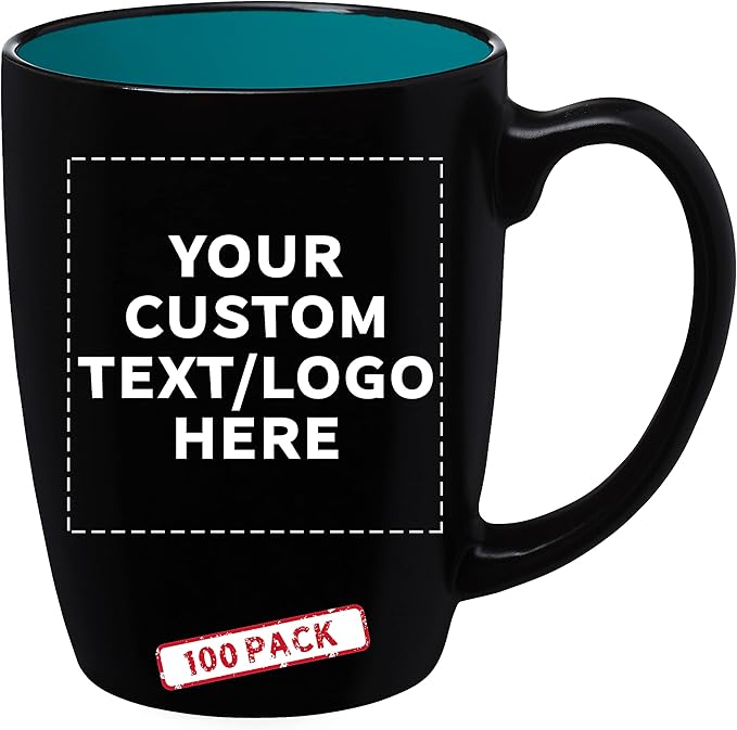 DISCOUNT PROMOS 100 Java Two Tone Coffee Mugs Set, 12 oz. - Customizable Text, Logo - Stoneware, Durable, Easy Grip - BLACKTEAL