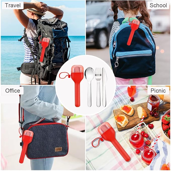 Sophico Travel Utensils Set for Camping and Kids Lunch Box, Stainless Steel Fork and Spoon, Knife Silverware Flatware Sets with Silicone Case - Portable & Leak-proof, Dishwasher Safe & BPA Free (Red)
