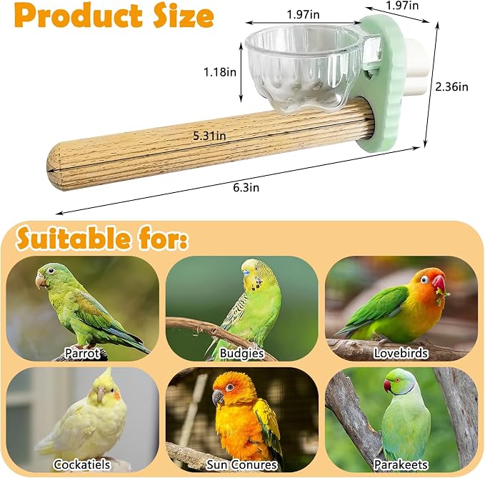 Kathson 3Pcs Bird Perch Feeding Cup Natural Wood Perches with Removable Bird Feeder for Cage Parrot Stand for Parakeets, Budgies, Cockatiels,Parrots, Birds Chewing Stick (Green)