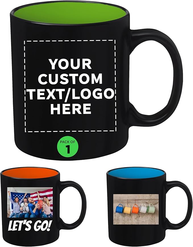 DISCOUNT PROMOS 1 Matte Two-Tone Coffee Mugs Set, 11 oz. - Customizable Text, Logo - Stoneware, Drinkware, Durable, C-handle - Lime Green