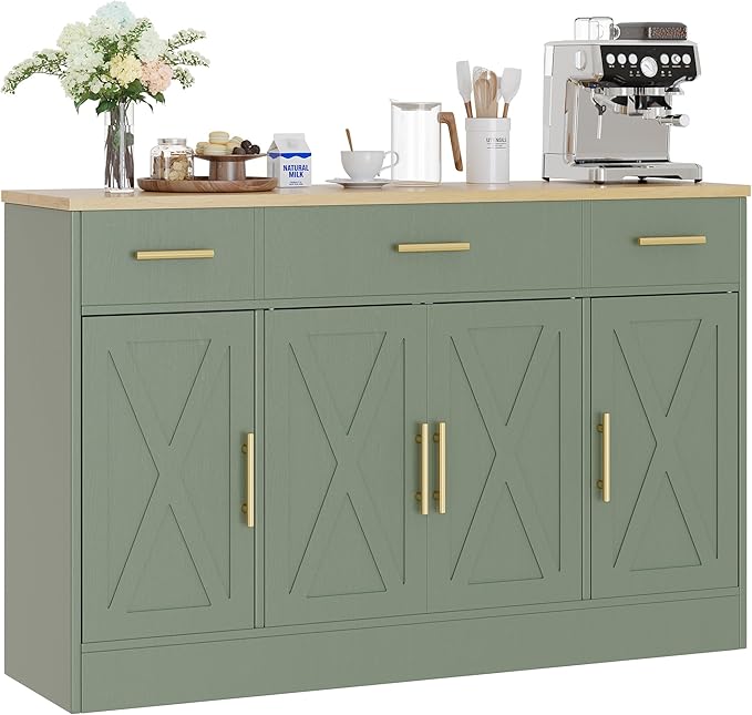 Shintenchi Buffet Cabinet with Storage,53.4" Large Kitchen Storage Cabinet with 3 Drawers and 4 Doors,Wood Farmhouse Buffet Sideboard with Adjustable Shelf for Kitchen Living Room, Green