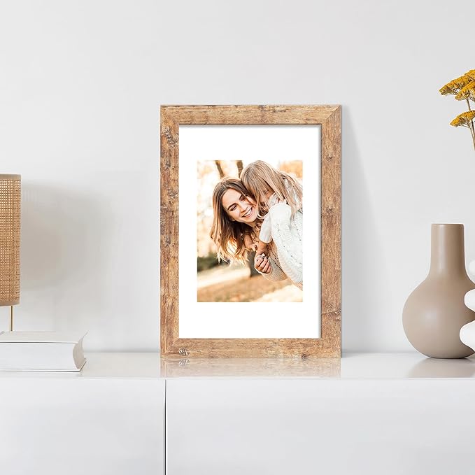 iRahmen 8x12 Picture Frame Set of 4 with High Definition Real Glass, Display 6x8 Pictures with Mat or 8 x 12 Without Mat, Rustic Brown Wood Photo Frames for Tabletop and Wall Mounting