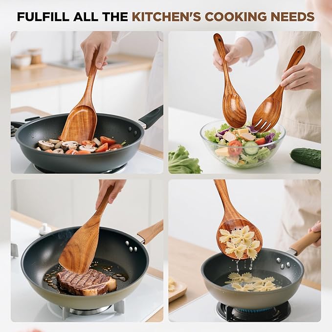 Premium 6pcs Wooden Spoons Set for Cooking - Durable Teak Wood Kitchen Utensils Set with Smooth Surface, Heat-resistant & Scratch-proof Spatula, Best Gift for Cooking Lovers