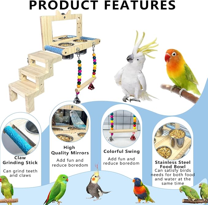Bird Perch Platform with Mirror Ladder Swing Bowl,Parrot Play Gym Cage Toys | Bird Wood Playing Exercise Stands Perches,Parakeet Climbing Ladder Playground Cage Accessories for Cockatiel Budgie Lovebird