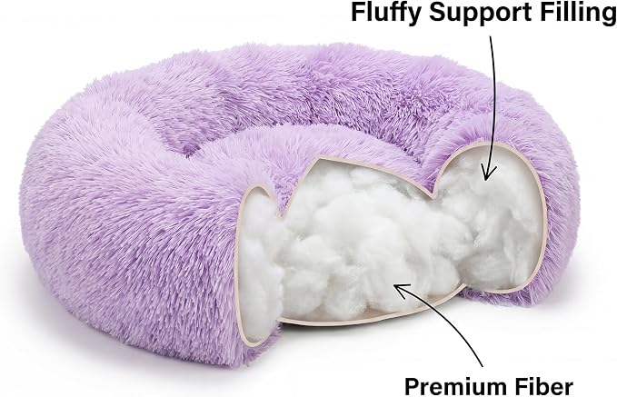 Tiny Dog Bed 15 Inch for Extra Small Dogs,Washable Puppy Bed,Soft Faux Fur Calming Donut Bed for Chihuahua Yorkie Maltese Pomeranian,Purple and White
