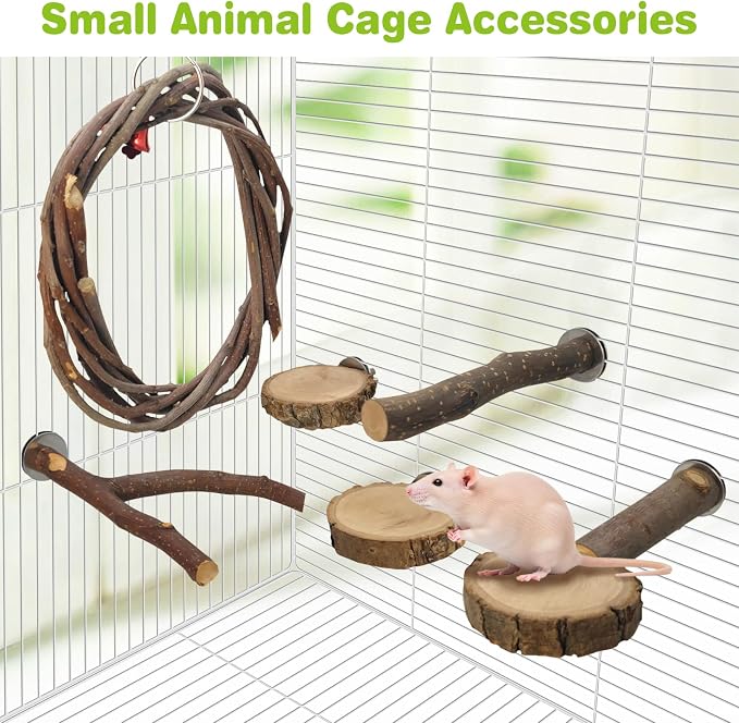 BNOSDM 6 Packs Wooden Sugar Glider Cage Accessories Rat Climbing Toys with Swing, Perch Stands & Platforms, Small Animal Habitat Decor for Chinchilla, Squirrel, Gerbil, Hamster