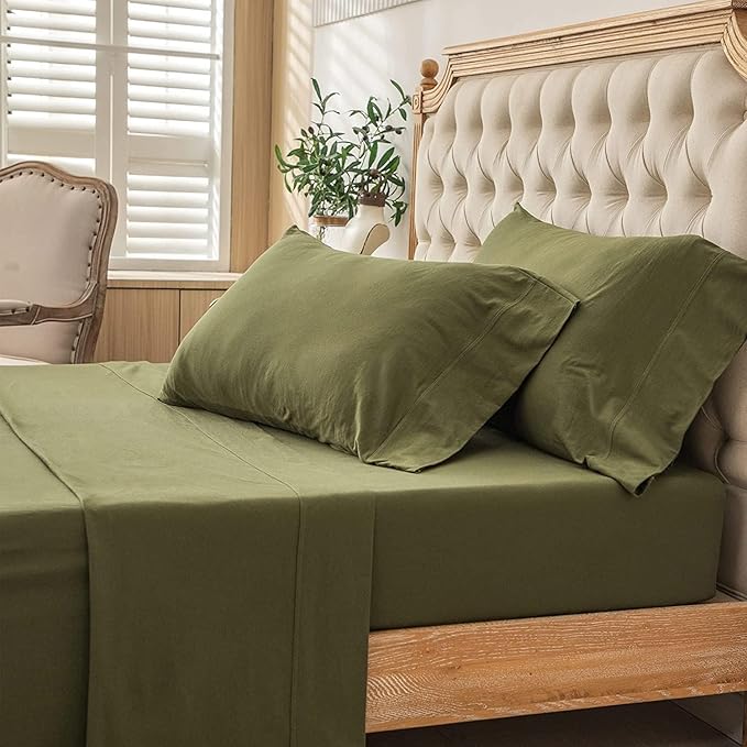 PURE ERA Jersey Knit 3pcs Bed Sheet Set 100% T-Shirt Cotton Super Soft Comfy Breathable Fits Mattress Up to 20" Extra Deep Pocket (Solid Olive Green, Twin XL)