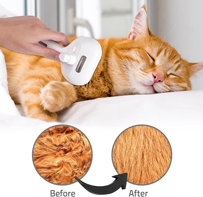 Bunny Ferret Steam Brush Release Button Self Cleaning Spray Comb for Long and Short Hair Cats Rechargeable Steaming Cat Grooming Brush Steamer to Remove Loose Hair (White)