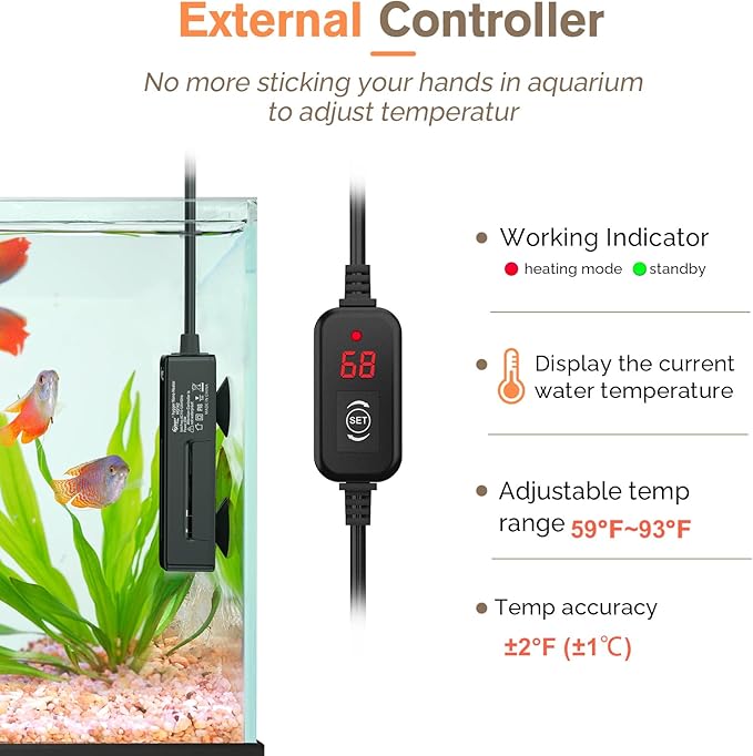 hygger Mini Fish Tank Submersible Heater 20W for 1-5 Gallons Desktop Betta Aquarium Heater with Digital Display Controller Adjustable Temperature