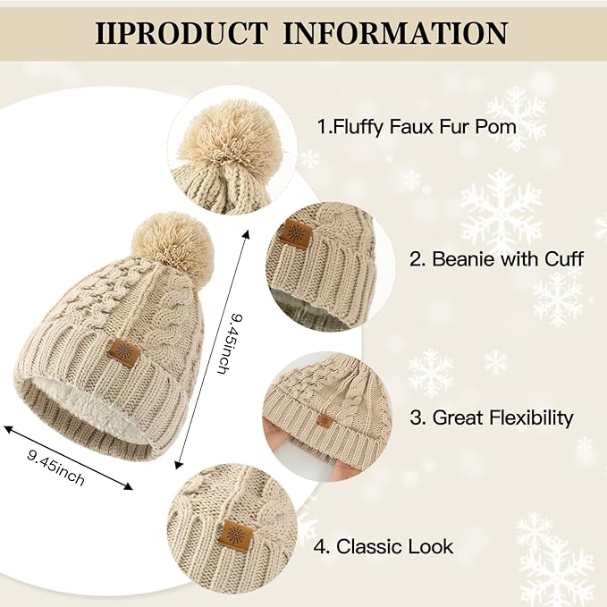 Tavaleu Womens Winter Beanie Hat Scarf Gloves Set, Pom Pom Beanie Warm Knit Scarf Touchscreen Gloves for Cold Weather