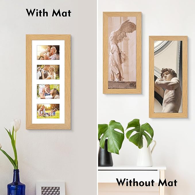 8x20 Picture Frame Display 4 opening 4X6 Picture Frame Collage,Multi Photo Frame with Mat,Plexiglass,Wall or Tabletop Decor,Natural Wood Grain