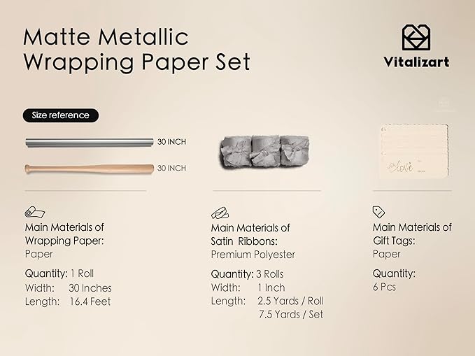 Vitalizart Silver Matte Metallic Wrapping Paper Set 30" With Silk Satin Ribbon & Gift Tags Christmas Gift Wrapping Birthday Baby Shower Wedding Bouquets Handmade Crafts 197"(16.4 Ft) Silver Ribbon