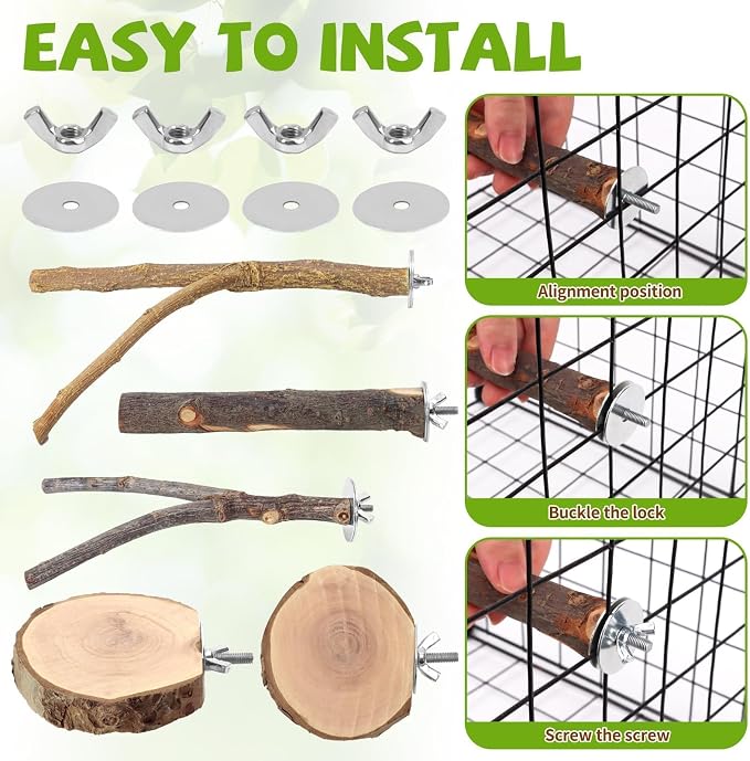 12 Pcs Natural Wood Bird Perch Stand & Platform Set for Cages | Ideal for Small/Medium Birds (Budgies, Conures) | Bark Textures for Foot Health | Tool-Free Wing-Nut | Safe Chewing