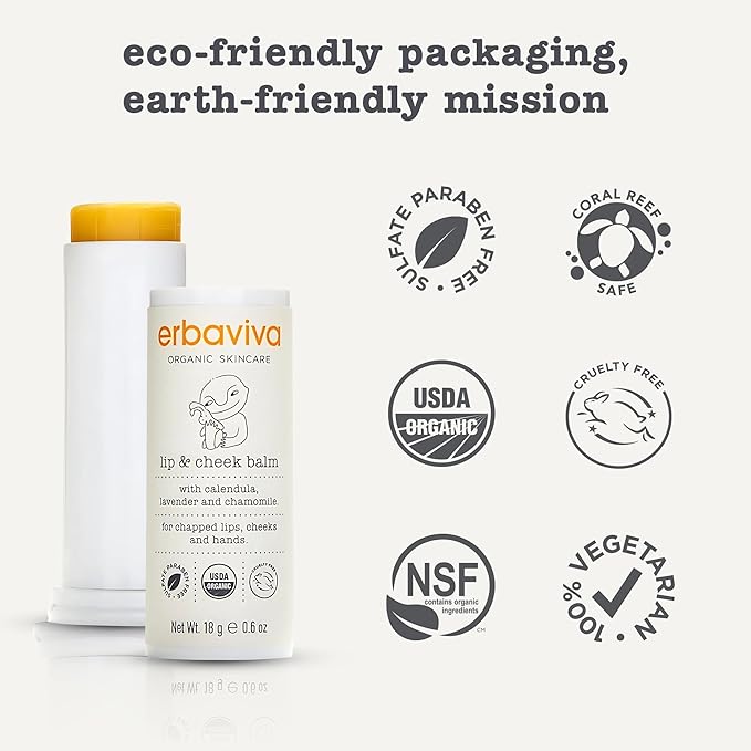 Erbaviva Organic Lip & Cheek Balm – Moisturizing Stick for Baby & Adults | USDA Organic, Shea Butter & Calendula for Dry, Chapped Skin | Lip, Cheek & Hand Protection (Pack of 2)