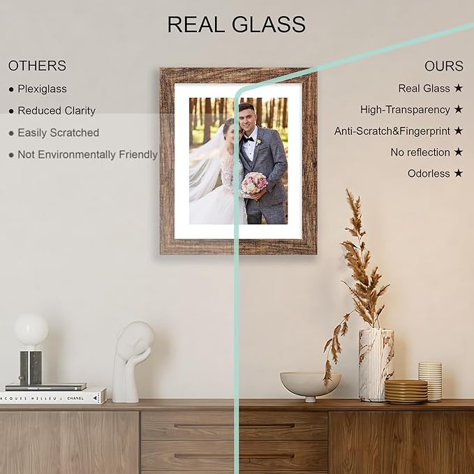 9x11 Picture Frame Set of 4, Made of Real Glass and Rustic Brown Frame - Display Picture 7x9 with Mat or 9x11 Without Mat, 9 by 11 Photo for Wall or Tabletop