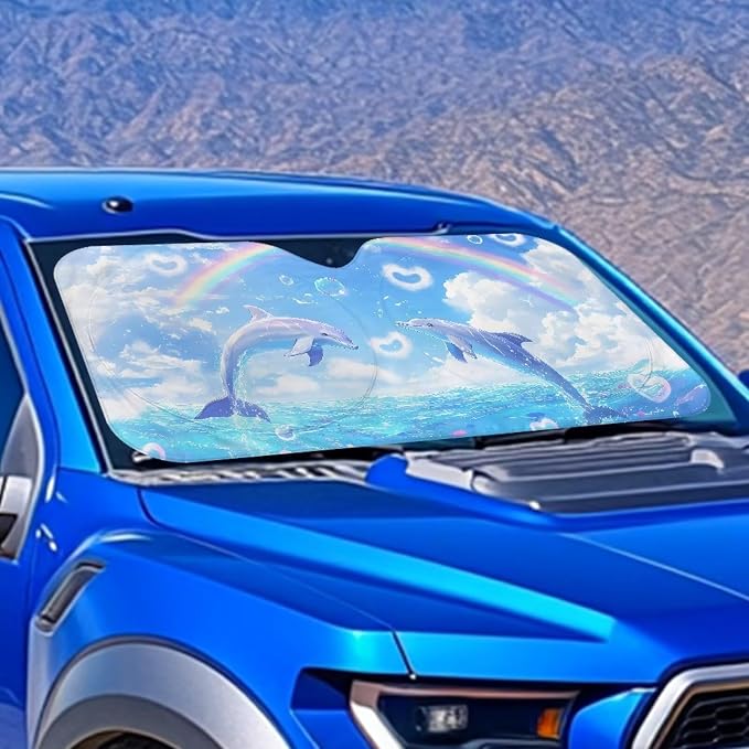 Cute Dolphin Front Window Sunshades Foldable Front Windshield Sun Shade for Heat Protection Blocking Harmful UV Rays & Heat