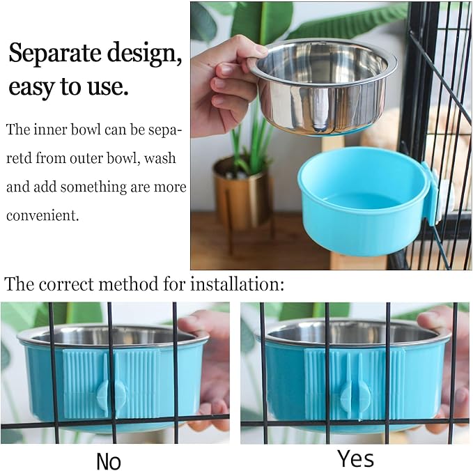 kathson Crate Dog Bowl, Removable Stainless Steel Hanging Pet Cage Bowl Food & Water Feeder Coop Cup for Cat, Puppy, Birds, Rats, Guinea Pigs (6 PCS, Size: M, 2×Blue,2×Green,2×Pink) (Pack of 2)