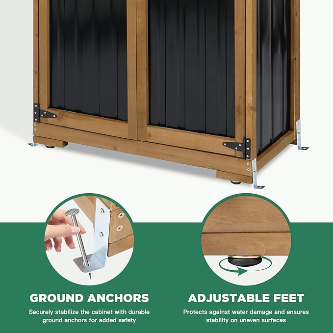 Ketive Outdoor Storage Cabinet, Wood & Metal Storage Shed with Weather-Resistant Roof, Double Lockable Doors, Removable Shelves & Adjustable Feet, for Patio, Backyard, Poolside, 46" x 18" x 68"