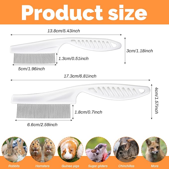 2 Pack Fine Tooth Flea Comb for Cats, Stainless Steel Bunny Brush, Anti-Static Deshedding Guinea Pig Comb Small Pet Grooming Tool for Cats Dogs Rabbits Chinchillas Ferrets Guinea Pigs