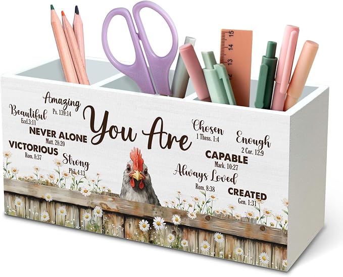 DILSJ Inspirational Chicken Pen Pencil Holder Organizer for Desk, Chicken Lovers Gifts for Women, Be Kind Be Brave Decor Wooden Box Signs for Home Office Desk Decoration Office & School Supplies