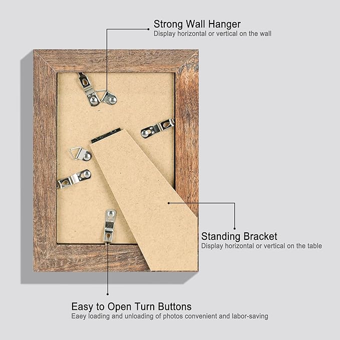 iRahmen 5x7 Picture Frame Set of 4, High Definition Real Glass Rustic Brown Frame, 5 x 7 Wood Photo Frames for Tabletop Display and Wall Mounting