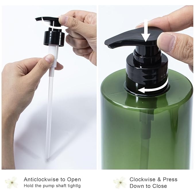 Yebeauty Pump Bottle, 2 Pack 17oz/500ml Modern Lotion Dispenser Stylish Shampoo Bottles Thick Shower Soap Dispenser Empty Shampoo Container for Body Wash Bathroom Kitchen Travel, Clear-Green