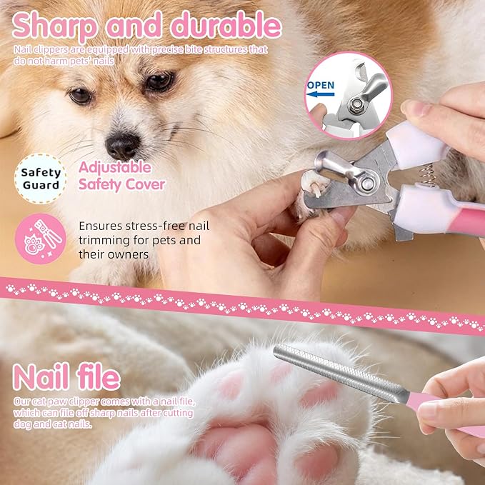 Aglads 8PCS Cat Rabbit Bunny Dog Grooming Kit, Self-Cleaning Slicker Brush & Deshedding Comb, Dematting Tool, Nail Clipper File, Flea Comb, Portable Storage Bag for Long/Short Haired Pets(8, pink)