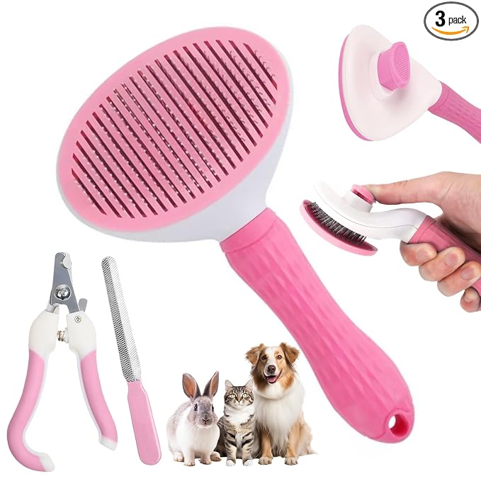 Aglads 3PCS Cat Rabbit Bunny Dog Grooming Kit, Self-Cleaning Slicker Cat & Dog Brush for Shedding, Fine-Needle Comb, Pet Nail Clipper & File for Long/Short-Haired Pets, Easy to Remove Loose (3, pink)