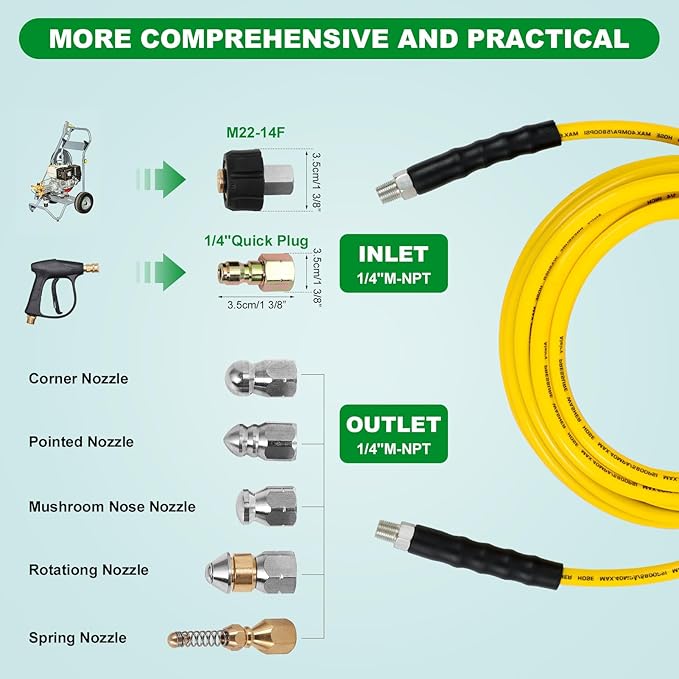 Sewer Jetter Kit for Pressure Washer,Water Jet Drain Cleaning Hose with Corner Rotating Button Spring Nose 1/4" NPT Sewer Cleaning Tool High-Pressure Nozzles,5800 PSI 100 FT