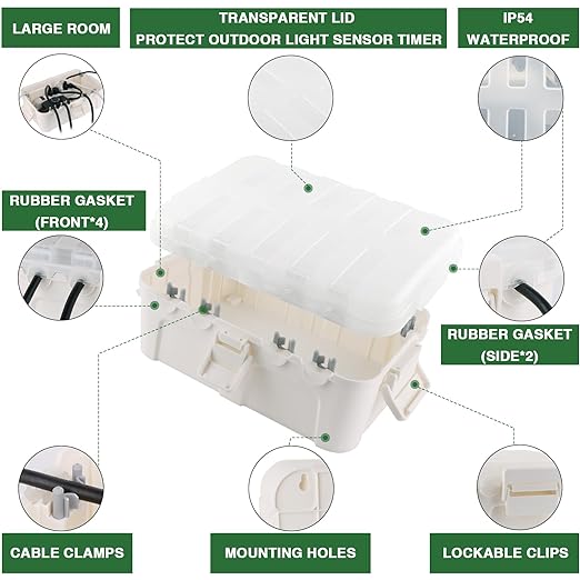 Flemoon Outdoor Electrical Box with Transparent Lid, IP54 Waterproof Electrical Box Outdoor, Large Weatherproof Extension Cord Cover with Clear Cover for Photocell Light Sensor Timer, Outlet, White
