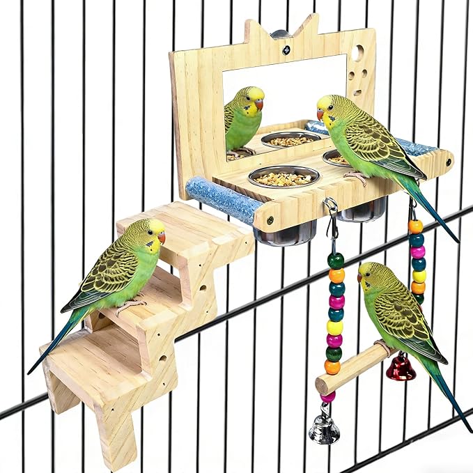 Bird Perch Platform with Mirror Ladder Swing Bowl,Parrot Play Gym Cage Toys | Bird Wood Playing Exercise Stands Perches,Parakeet Climbing Ladder Playground Cage Accessories for Cockatiel Budgie Lovebird