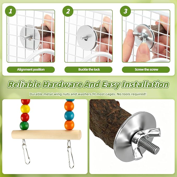 8 Pcs Natural Wood Bird Toys & Perches Set for Cages | Ideal for Small/Medium Parrots (Budgies, Conures) | Birch Ladder, Swing and Foraging Items for Cage Gym | Tool-Free Mount