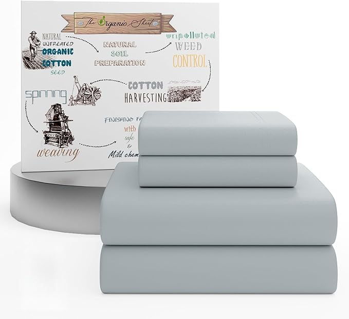 SUPREME ELEGANCE 100% Organic Cotton Twin Sheet 3 Pcs Set, Cotton Sheets with 16” Deep Pocket, Soft Silver | Bed Sheets for College Dorm Essential, Crisp & Breathable, Percale, Naturally Cooling