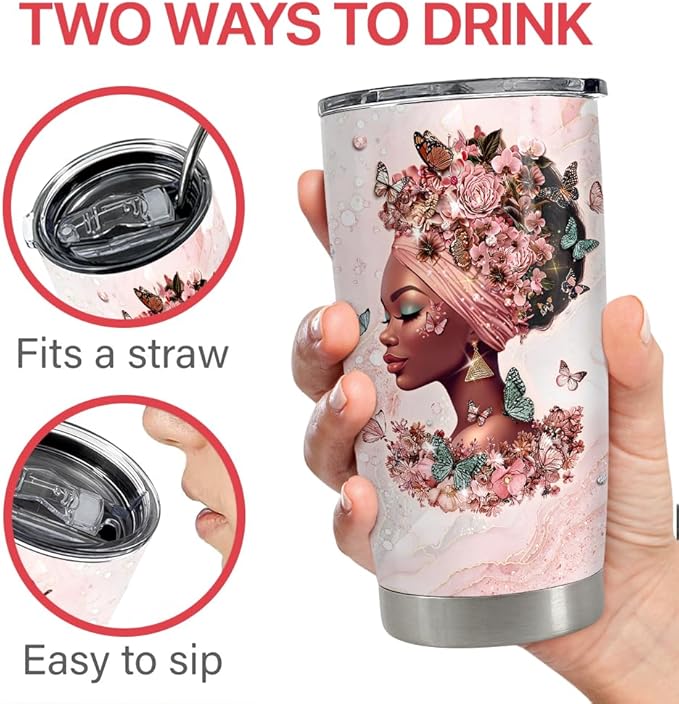 Black Woman Tumbler 20oz Stainless Steel Insulated Coffee Travel Mug Cup for Women Girls Gifts for Birthday Christmas