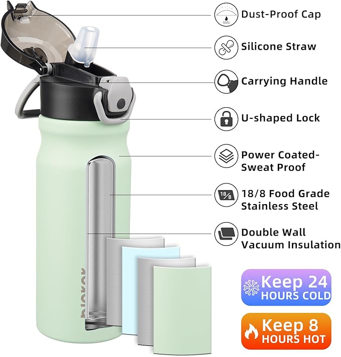 BJPKPK Stainless Steel Insulated Water Bottle with Straw Lid 18oz Reusable Metal Thermal Flask Bottles Keep Cold and Hot,Sage