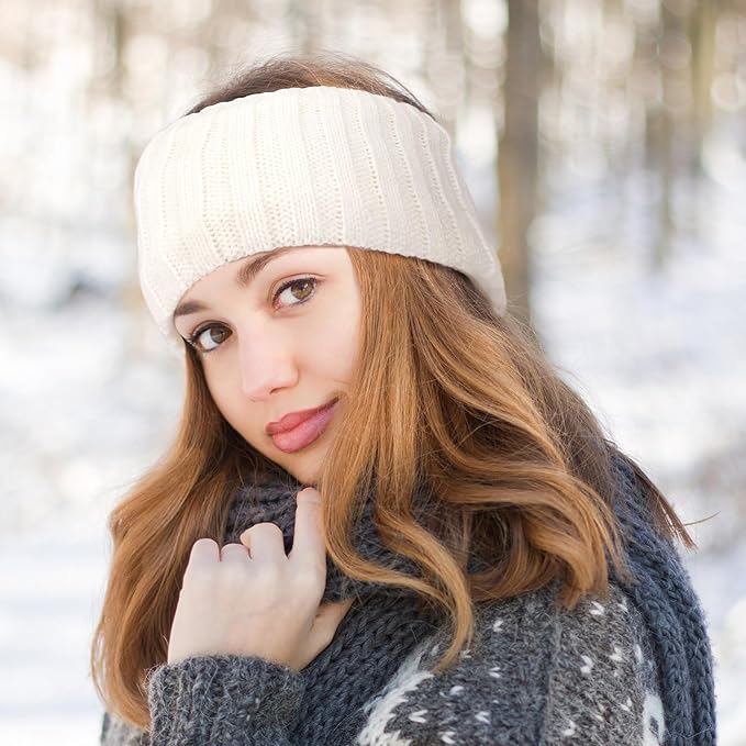 AQOKKA Knit Winter Headbands for Women Fuzzy Wool Fleece Lined Ear Warmers Elastic Turban Crocheted Head Wrap Winter Accessories for Women Cold Weather
