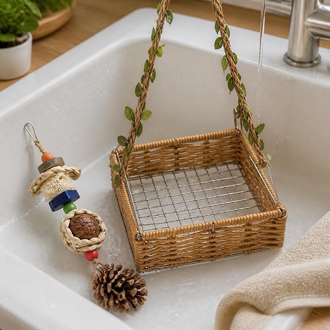 Bird Toys, Natural Parrot Chew Toy with Hanging Foraging Basket Hammock, Bird Shredding Foraging Toys for Parakeet Cockatiel Conure Cage Accessories