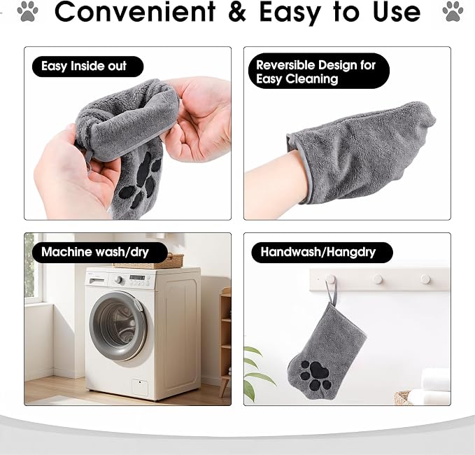 A Pair of Microfiber Reusable Pet Grooming Towel Gloves, Machine-Washable Double-Sided Bath Mitts, Dirt & Odor Removal Cleaner for Dog and Cat Paws & Coat (Grey)